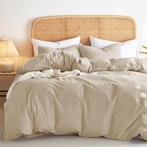 Wake In Cloud - Cotton Quilt Cover Set, 100% Washed Cotton Doona Duvet Cover Bedding Set, 3 Pieces, Khaki, Queen Size