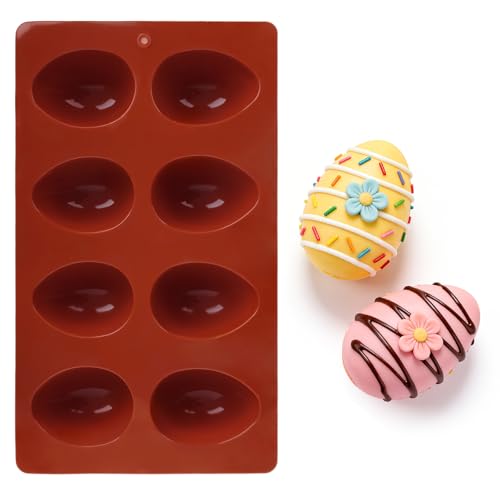1PC 8-Cavity Egg Shaped Silicone Molds for Baking, Easter Egg Cake Pop Mold, Baking Supplies for Making Chocolate Jello Candy (Brick Red)