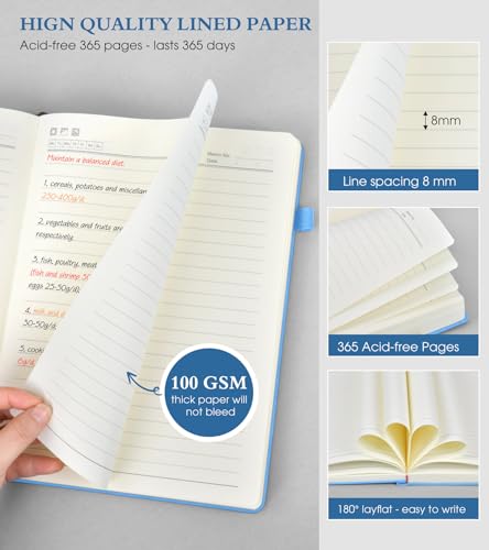 Caderno pautado A5 – Diários de couro de 365 páginas para escrever mulheres e homens, caderno de cap