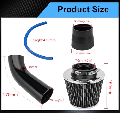 NOTETOUPT Cool Air Intake Kit, 3\" Universal Car Cool Air Intake Pipe Aluminium Automotive Filter Induction Flow Hose Pipe Kit (Black) - Thumbnail 7