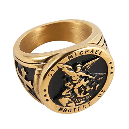 Image of HZMAN St. Michael San Miguel The Great Protector Archangel Defeating Satan Figurine Stainless Steel Amulet Ring