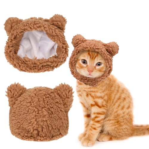 WLLHYF Bonnet d&rsquo;hiver mignon pour chat – Chaud – Doux et confortable – Réglable – Pour petits animaux de compagnie – Vêtement pour chats et chiens (marron)