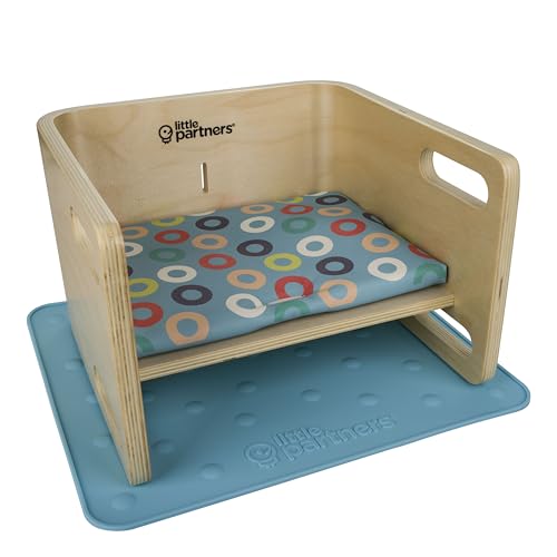 Image of Little Partners 3-in-1 Wooden Learning Booster Seat for Toddlers - Converts to Step Stool for Kids - Seat Cushion, Silicone Mat, and Booster Chair with Safety Straps - Feeding Chair (Natural)