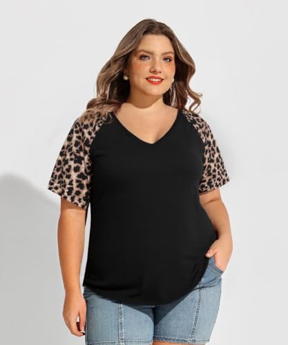 TIYOMI Plus Size Tops for Women Short Sleeve Color Block Raglan Sexy V Neck Shirts Tunic Spring Summer XL-5XL 14W-28W2