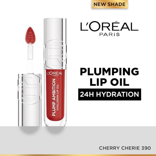 Image of L'Oreal Paris Plump Ambition Hyaluron Plumping Lip Oil, Cherry Cherie | Plumping Lip Oil, Glass Like Shine, Infused with Hyaluronic Acid, Deeply Hydrating, Plumper & Smoother Lips, Non Sticky