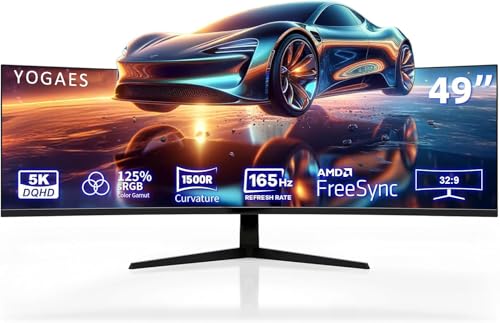 49インチ 曲面ウルトラワイドゲーミングモニター 5K、DFHD（5210×1440）、165Hz、1500R ゲームディスプレイ、AMD FreeSync対応、125％ sRGB、コンピューターモニター、内蔵スピーカー、HDMI/DP、VESA100×100