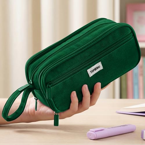 Image of TOPBIDAI Large Pencil Case Pouch for Girls Boy Women Men Adults | Big Capacity Canvas Pencil Bag, Office School Supplies, Multi Compartment Zipper Stationery Pen Box(Dark Green)