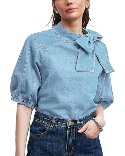 Women Puff Short Sleeve Denim Shirt Pullover Casual Mock Neck Jean Blouse Top with Bow