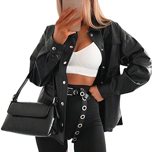 Fltaheroo Streetwear Negro PU Cuero Blusa Mujeres Cardigan Botones Moda Mujer Camisa De Las Mujeres De La Camisa De Manga Larga De Cuero Sólido Blusas S Cover