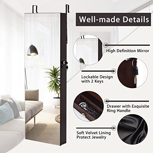 Charmaid 6 Leds Jewelry Armoire Wall/Door Mounted, Lockable Jewelry Organizer With Full Length Mirror, 2 Drawers, Necklace Hooks, Bracelet Rod, Large Storage Mirrored Jewelry Cabinet (Brown) #TOP5