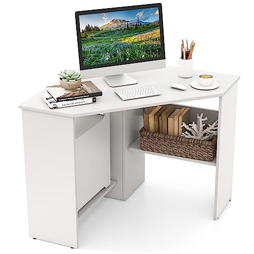 SFAREST Corner Computer Desk with Shelves, 90° Triangle Wooden Study Writing Table Cable Management Holes, Space Saving Compact Study Workstation for Bedroom Living Room Office (White)