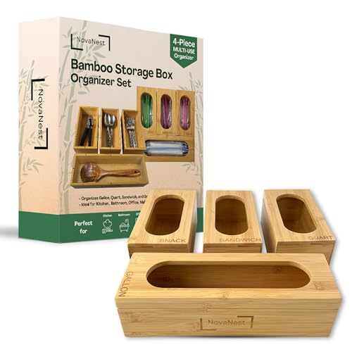 4PCS Bamboo Storage Bag Organizer Set Multi-Use Baggie Organizers for Gallon, Quart, Sandwich, Snack Food Bags, Tea Bag, Silverware, Ideal for Kitchen, Office, Makeup, Bathroom, Utensil, Junk Drawer