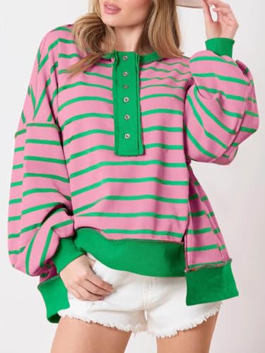 Tankaneo Womens Oversized Striped Sweatshirts Henley Shirts Color Block Casual Pullover Waffle Knit Tops Pink Green — view 3