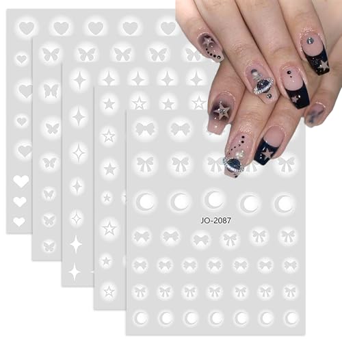 5 Sheets Airbrush Nail Stickers White Ombre Nail Art Stickers Gradient Nail Decals with Stars Heart Bow Butterfly Designs Sweet DIY Self-Adhesive Nails Art Supplies for Women Girls