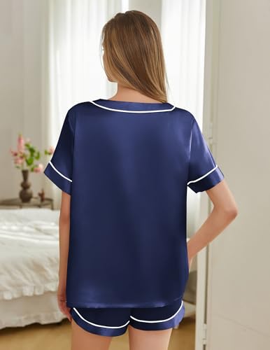 Image of Silk Pajamas for Women Short Sleeve Satin 2 Piece Pj Set Soft V Neck Sleepwear Loungewear, S-XXL