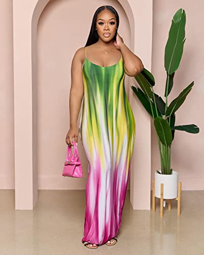 Image of BFFBABY Womens Summer Suspender Maxi Dress Plus Size Striped Printed Sleeveless with Pockets and Belt