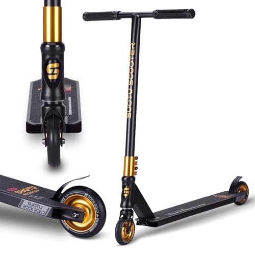 SUOTU Stunt Scooter, 360° Lenkung, Stunt Roller mit 100mm 85A PU Räder, Stand Roller für Kinder Jugendliche und Erwachsene, Tragfähigkeit: 100 kg, Aluminium (Schwarz- Gold)