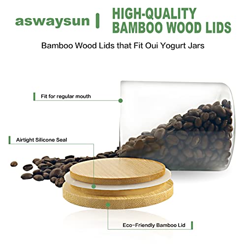 Jar Lids For Oui Yogurt Jars, 12 Pack Natural Bamboo Wood Oui Lids With Silicone Sealing Rings, Eco-Friendly Yogurt Bottle Recycle Replacement Cap Glass Jar Canning Lids With Chalk Maker And 24 Labels #TOP3