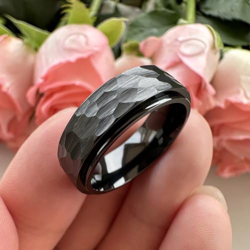 8mm Silver/Black/Gold Spinner Tungsten Titanium Fidget Rings for Men Women Anxiety Released Hammered Design Engagement Wedding Band Stepped Edges Comfort Fit3