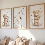 GIFISTAR 3er Tier Poster Set, Bilder Kinderzimmer, Bär-Bienen-Ballon, Babyzimmer Deko, Deko Kinderzimmer Jungen & Mädchen, Sicher und geruchlos, Moderne Wandbilder, ohne Rahmen (21 x 30 cm)