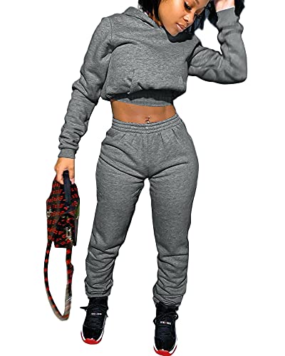 Alunzoem Womens Jogging Suits Sets, Two Piece Fall Outfits Hoodie Crop Top And Pants Tracksuit Set Deep Gray M #TOP20