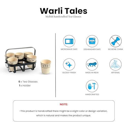 Image of ExclusiveLane 'Warli Tales' Ceramic Tea Glasses Set of 6 with Iron Holder (Set of 6, Each Glass Capacity : 130 ml, Handcrafted) | Cearmic Tea Cups Set Chai Tea Glasses for Tea Chai Cups