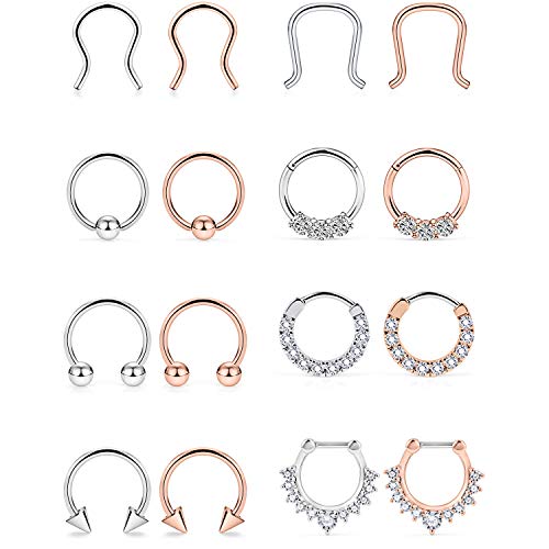 Lcolyoli 16Pcs 16G Surgical Steel Septum Clicker Nose Rings Hoop Clear Diamond Cz Horseshoe Barbell Body Piercing Jewelry For Women Men 10Mm(3/8") Silver-Tone Rose Gold #TOP8