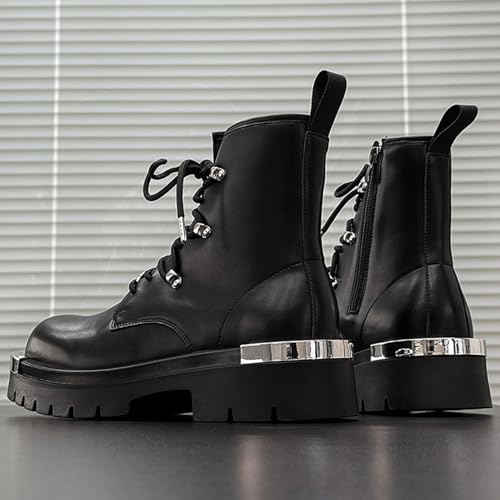 Men's Leather Lace-up Platform Military Combat Boots Round Toe Side Zipper Comfort Chunky Heel Lug Sole Non-Slip High Top Biker Ankle Booties3