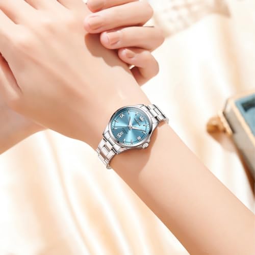 OLEVS Women's Wrist Watches Luxury Elegant Stainless Steel Blue Dial Waterproof Luminous Diamond Women's Fashion Watch Ladies Watches for Small Wrist — view 2