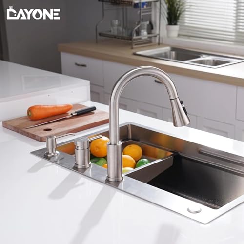 DAYONE 3 Holes Kitchen Faucets with Soap Dispenser, 2 Holes Brushed Nickel Kitchen Sink Faucet with Pull Down Sprayer, Side Single Handle High Arc 3 Pieces, DAY-CR277