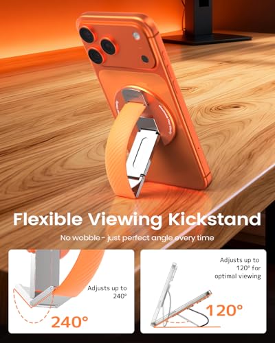 Image of 2026 Klearlook for MagSafe Phone Grip with Silicone Finger Strap, Removable Magnetic Phone Ring Holder with Adjustable Kickstand, Finger Phone Ring Grip for iPhone 17 /16 /15 /14 /13 /12 Series, Orange