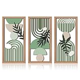 KiKiHong 3 Pièces Decoration Murale en Bois,Sculpture Murale Bois Nordique avec Motif de Feuilles Vertes, Tableaux Moderne pour Salon,Chambre Cuisine & Bureau,40x20cm