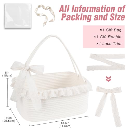 Image of OIAHOMY Gift Basket with Long Handles, Large Woven Baskets for Gifts with Gift Bag, Ribbons and Lace, Cotton Rope Storage Basket for Birthdays, Baby Showers, Picnic, Wedding DIY Presents - White