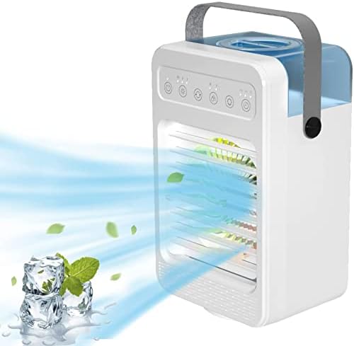 Portable Air Conditioner, 120°Oscillating Evaporative Personal Air Cooler with 4 Speeds Rainbow LED Light,2 Spray Humidify,2/4/6H Timer,600ml Tank,Low Noise, Desktop Office, Home, Bedroom, Dormitory
