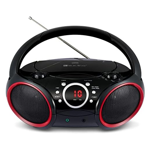 SINGING WOOD 030C Portable CD Player Boombox with AM FM Stereo Radio, Aux Line in, Headphone Jack, Supported AC or Battery Powered (Black with a Touch of Red Rims)