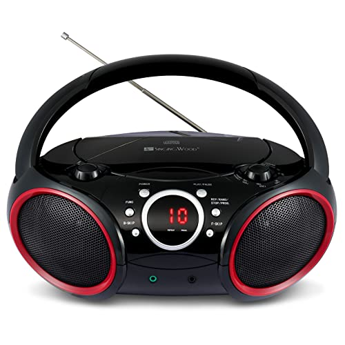 SINGING WOOD SBX030C Portable CD Player Boombox with AM/FM Stereo Radio, Aux Line-in, Headphone Jack, Top-Loading Disc Player, AC or Battery Powered, Foldable Handle (Black with Red Rims) by SINGING WOOD - Used condition - US$34.30