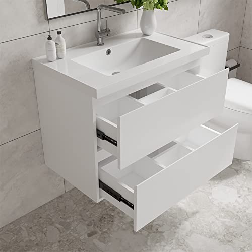 Jpnd 30" Bathroom Vanity With Sink Combo Wall Mounted Storage Cabinet Set With Two Soft Close Drawers, Modern Design With Invisible Handle, Resin Basin Sink Top, White (Faucet And Drain Not Included) #TOP5