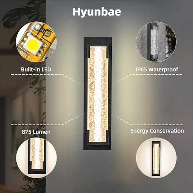 Hyunbae Outdoor Wall Light, 18.9 Large LED Modern Outdoor Wall Sconce, Waterproof Exterior Lighting Fixture with Acrylic Water Ripple Lamp 2700K Outdoor Porch Lights for House, Garage Dimmable