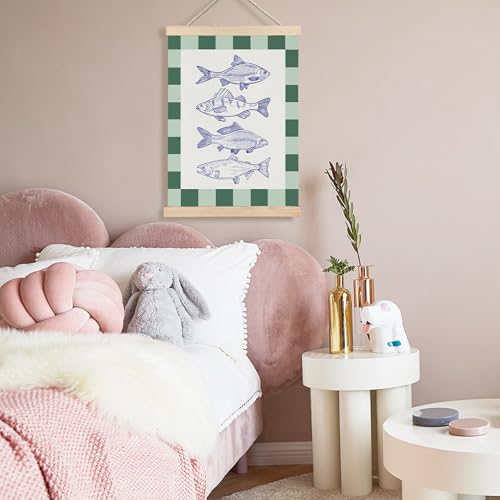 Image of PQKIY Green Plaid Coastal Beach Fish Wall Art Decor,Ocean Room Decor,Vintage Blue Fish Nautical Wall Decorative for Bedroom Living Room Home,12x16 Inch
