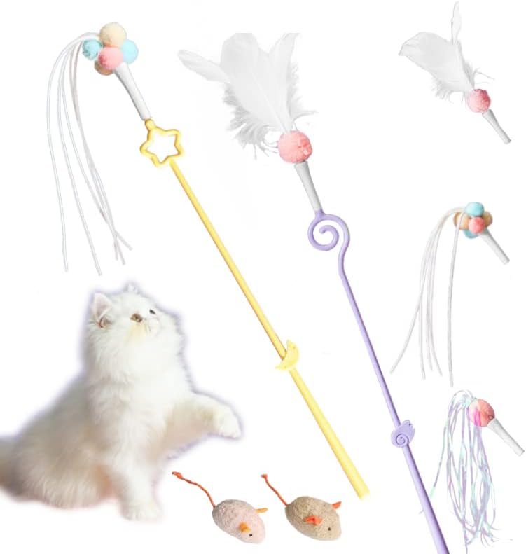 Neowism Cat Wand Toys,Interactive Cat Feather Toys,6Pcs cat Set,Teaser Refills Worm Bird Feathers with Bell,Cat Accessories,Mouse Toys