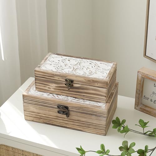 DECOR4SEASON Decorative Wooden Box with Hinged Lid - Timeless Carved Floral Storage for Rustic Farmhouse Decor, Set of 2
