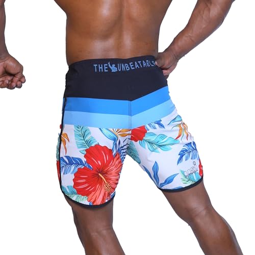 Image of USI Universal 411PA Aloha Physique Board Shorts, Polyester Fitness Shorts, Hook & Loop Fly, Drawstring Closure, Tailored Fit for Thin Waist & Muscular Thighs (in, Alpha, L, White /Red /Blue)