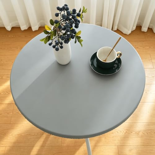 vctops 100% Waterproof Pu Leather Round Table Cloth Cover, Oil Proof Wipeable Elastic Fitted Tablecloth, Windproof Washable Table Protector for Picnic, Camping, Outdoor (Light Grey,39")