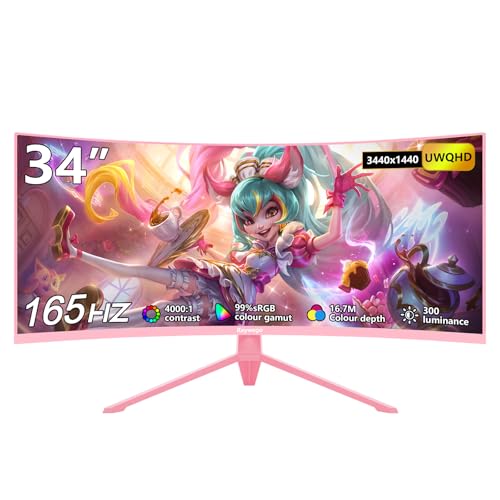 Raywego 34 inch Pink Curved Gaming Comupter Monitor 165Hz UWQHD 3440x1440,1500R -PIP,1ms (MPRT),HDR, 300nits,sRGB99%,FreeSync,HDMI2.0(TMDS) x2,DP1.4 x2,Eye Care, Supports Wall Mount 75x75mm