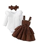 Megeoly Baby Girl Spring Skirt Set Newborn Overall Dress Long Sleeve Ribbed Romper Suspender Skirts 3Pcs Outfits