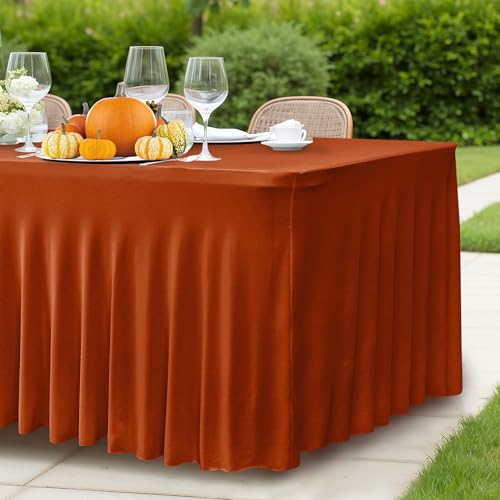 Image of HolidayIdeas 2 Pack Spandex Table Skirts for 6ft Rectangle Tables, Stretch Ruffle Cover for Boho Wedding, Rustic Garden Party, Outdoor Glamping Decor, Rust