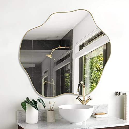 DAOYIJIAJU Irregular Frameless Mirror, 30"x26.8" Gold Scalloped Mirrors for Over Sink, Asymmetrical Wall Mirror, Modern Abstract Mirrors for Living Room Bathroom Bedroom Entryway Fireplace