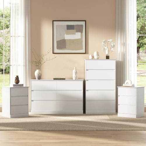 Seeday 4-Piece Dresser and Nightstand Set, Modern White Bedroom Furniture Set with 5-Drawer Tall Dresser, 6-Drawer Double Dresser and 2 Three-Drawer Nightstands with Charging Station