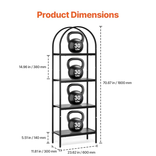 VEVOR Open Bookshelf, 4-Tier, Arched Bookcase Storage Shelves with Metal Frame, Industrial Metal Book Organizer, Freestanding Display Rack Tall Shelving Unit, for Office, Bedroom, Living Room, Black by VEVOR - Image 2