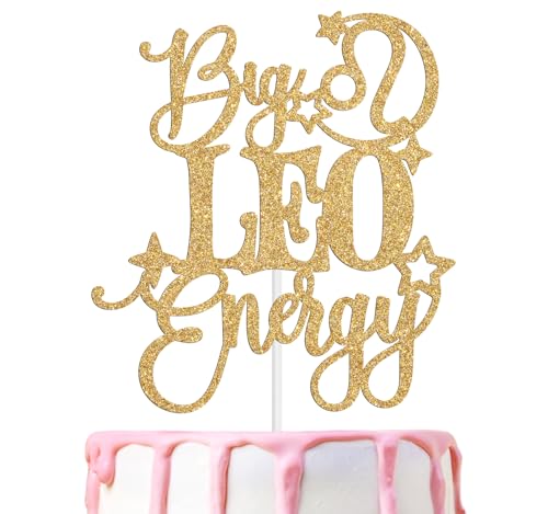 Big Leo Energy Cake Topper, Happy Birthday Leo in July/August, Leo Season, 12 Zodiac Constellation Theme Birthday Party Decoration Supplies, Gold Glitter